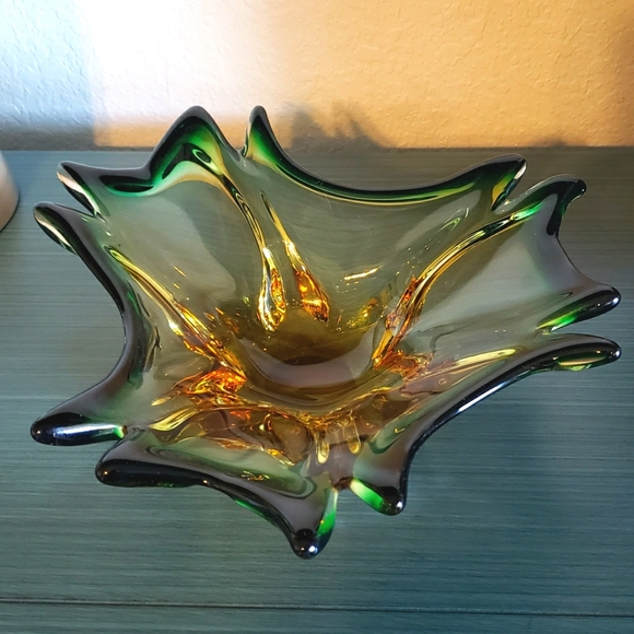 Vintage Handblown Green & Amber Art Glass Mid-Century Modern Art Deco Boho Bowl - Picture 3 of 13